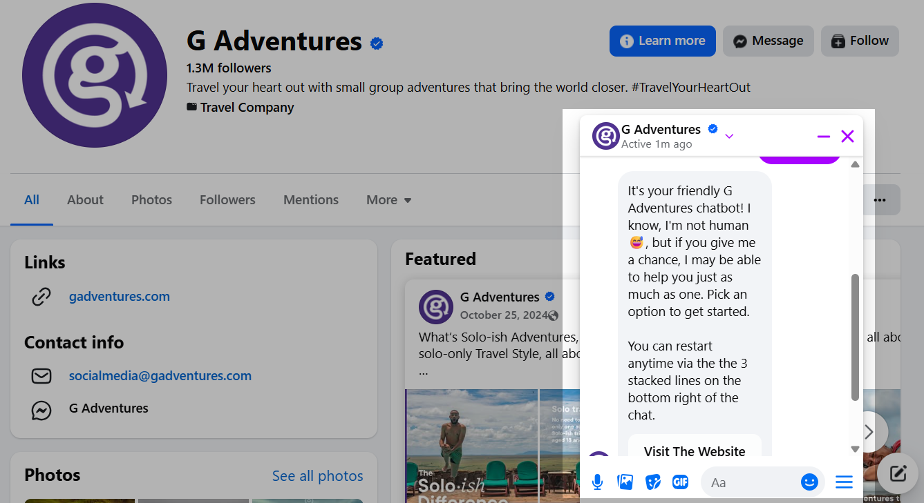  travel chatbot on Facebook offering quick-start options