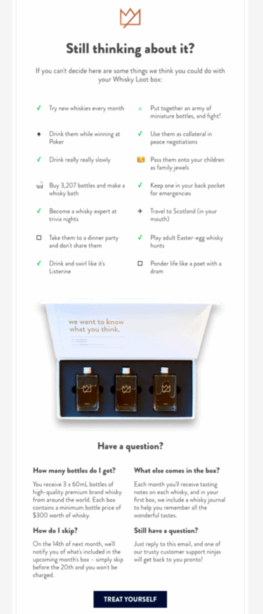 Whisky Loot'un terk edilmiş sepet e-posta örneği