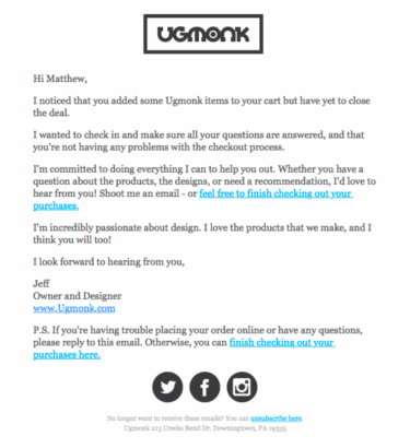 Ugmonk'un terk edilmiş sepet e-posta örneği