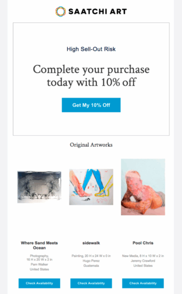 Saatchi Art'ın terk edilmiş sepet e-posta örneği