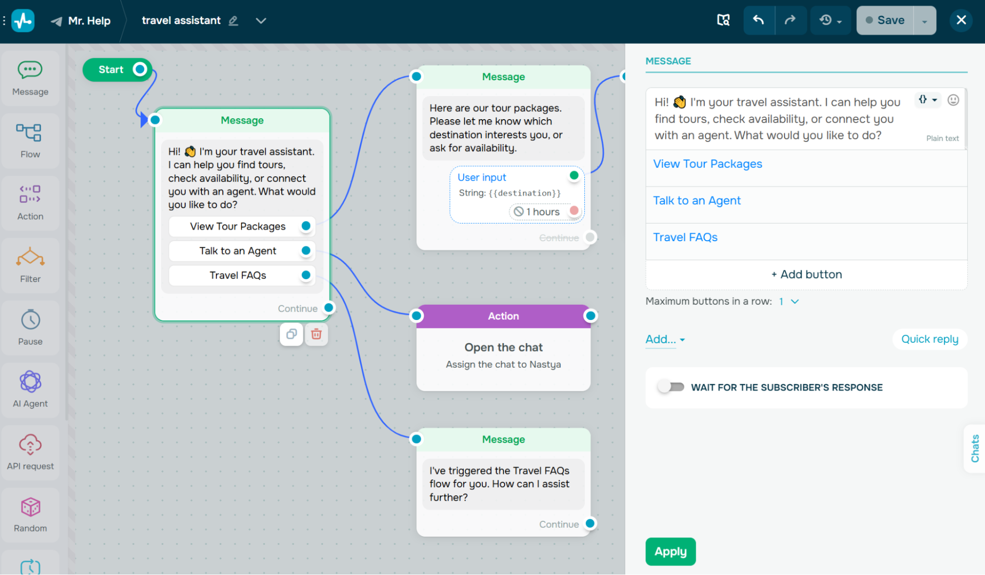 travel chatbot with quick reply buttons