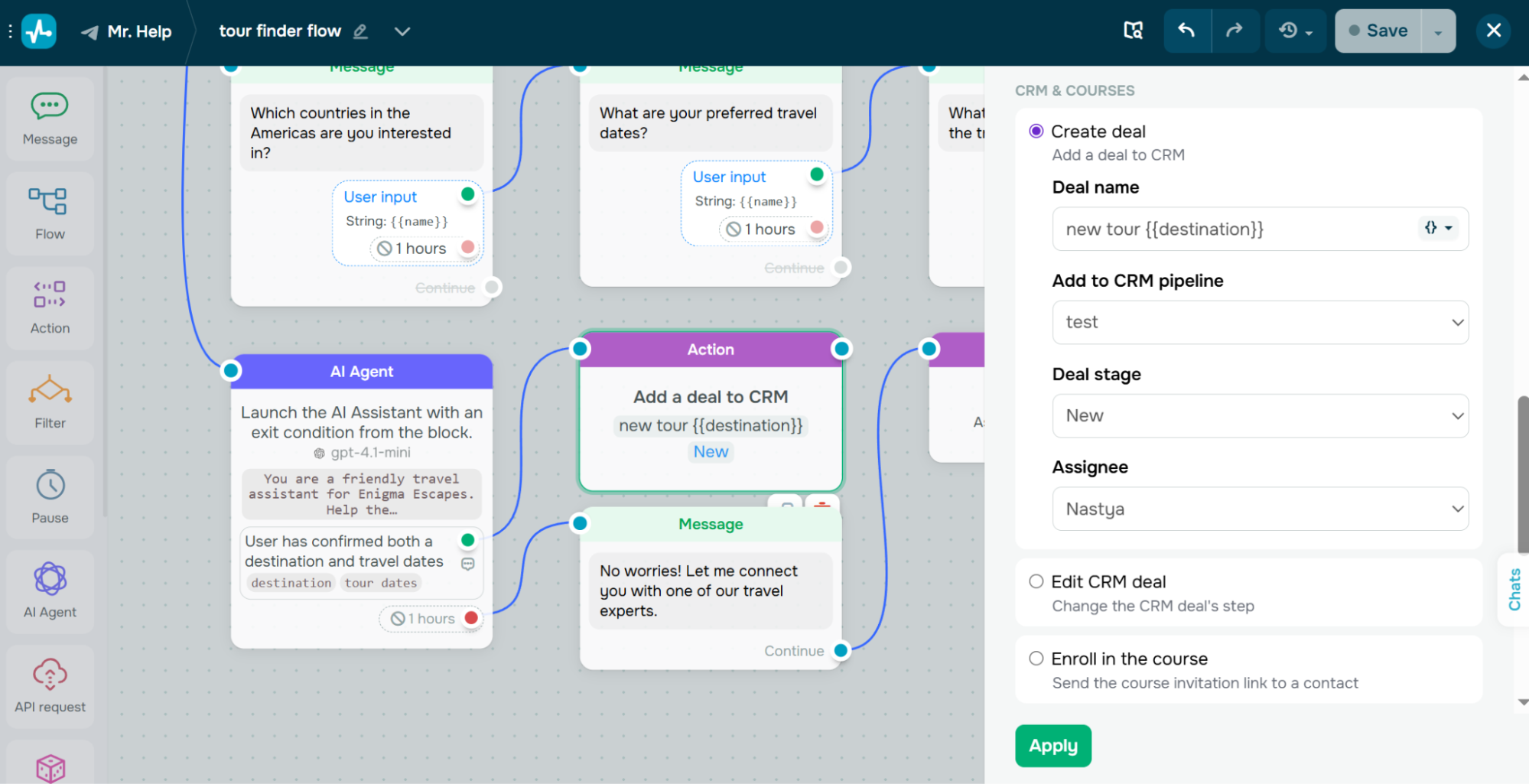 “Action” element to create a new deal