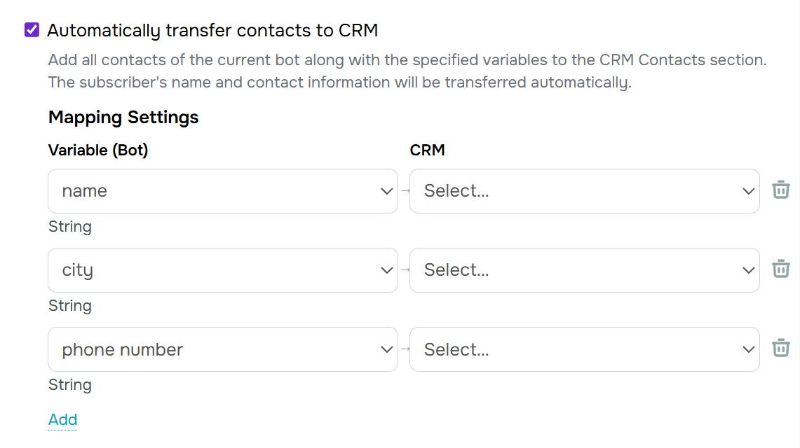 Mapping chatbot variable to CRM fields
