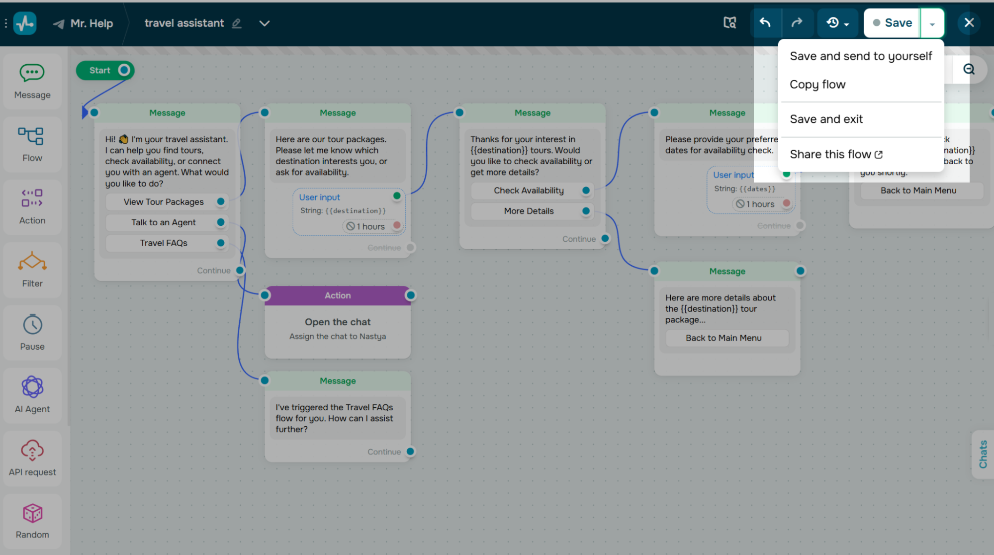 travel chatbot flow test and launch options