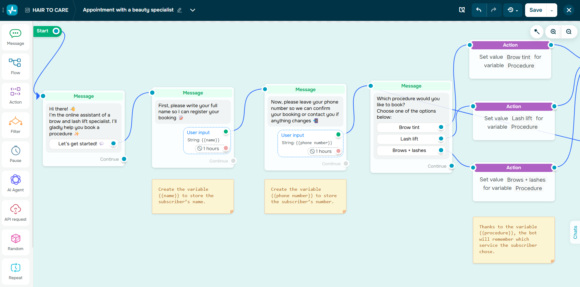 flow to capture user data in a chatbot conversation