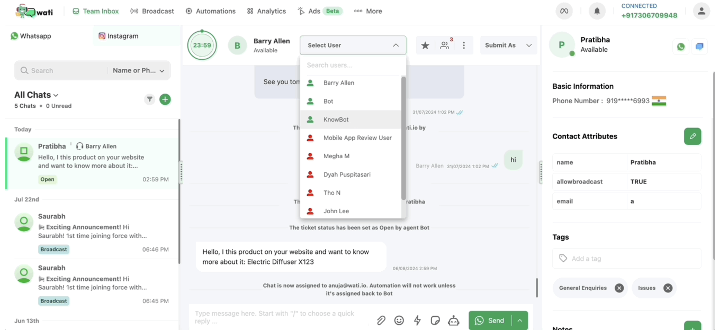 Wati’de bir WhatsApp sohbetini bir temsilciye atama