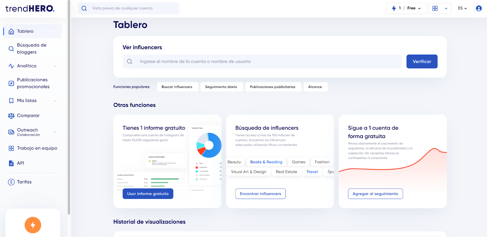 Interfaz de la plataforma TrendHero