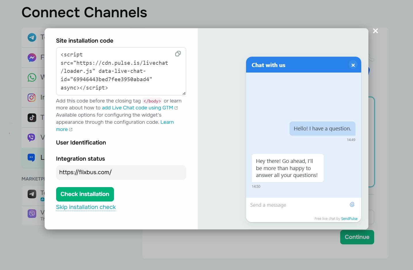 installation code to add a live chat widget to your website