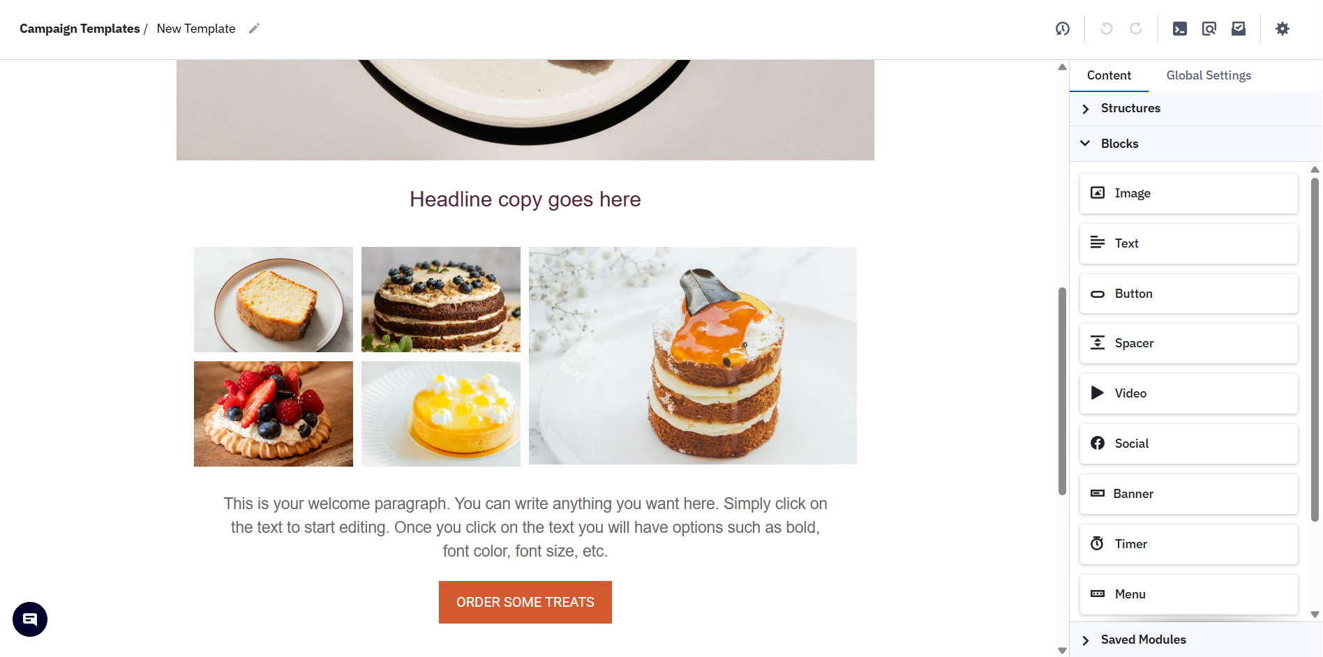 new template in the ActiveCampaign email editor