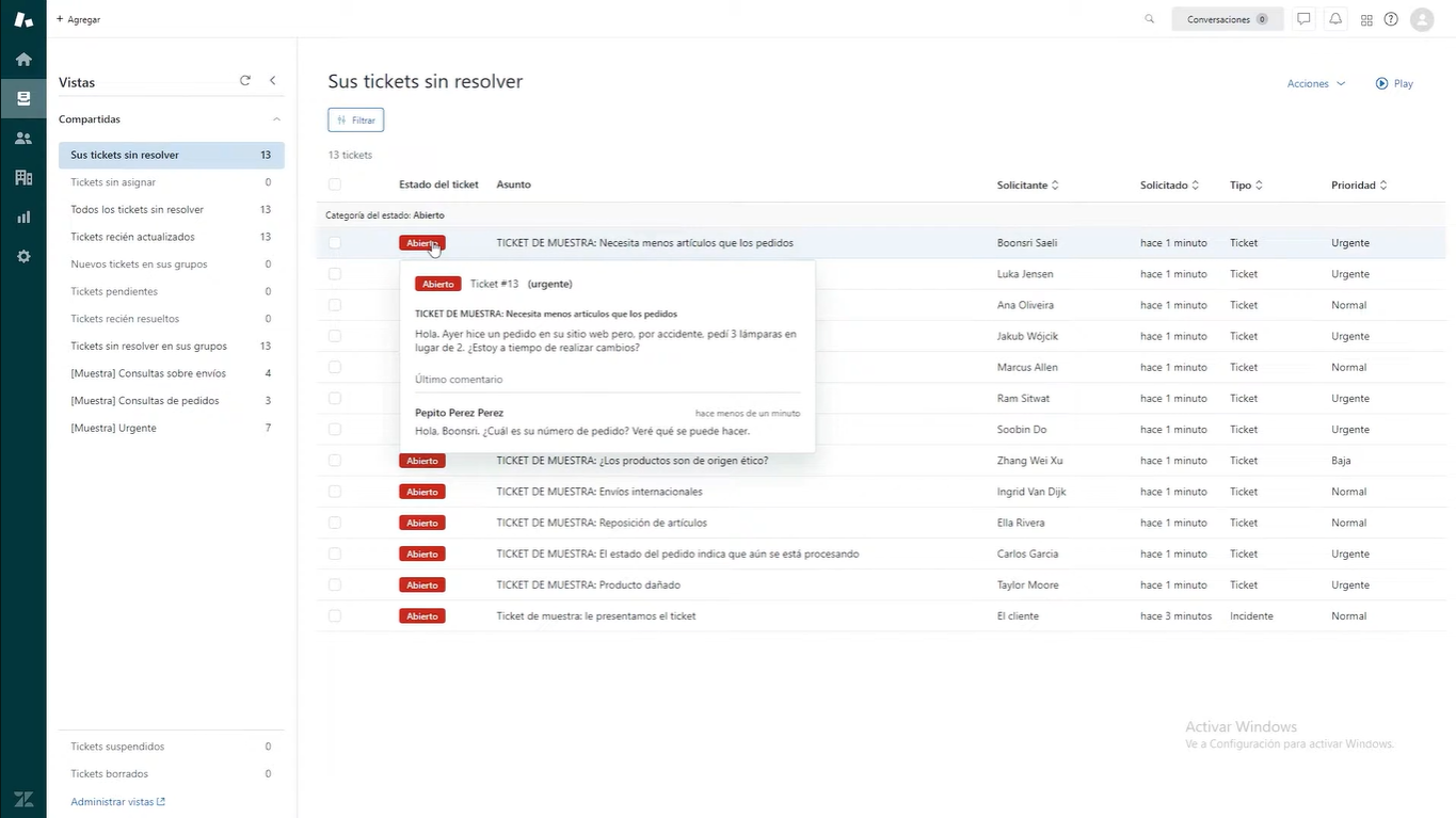 Tablero de gestión de información de Zendesk