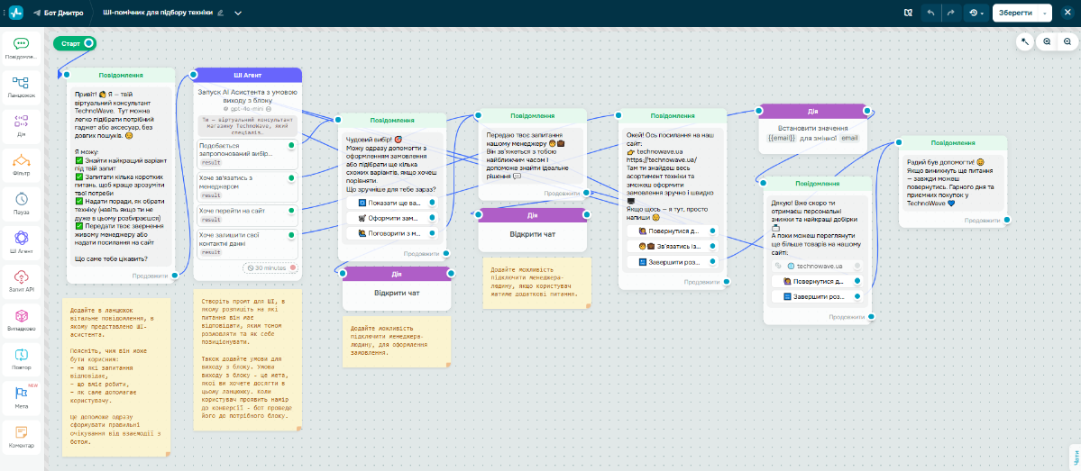 Інтерфейс конструктора чат-ботів SendPulse
