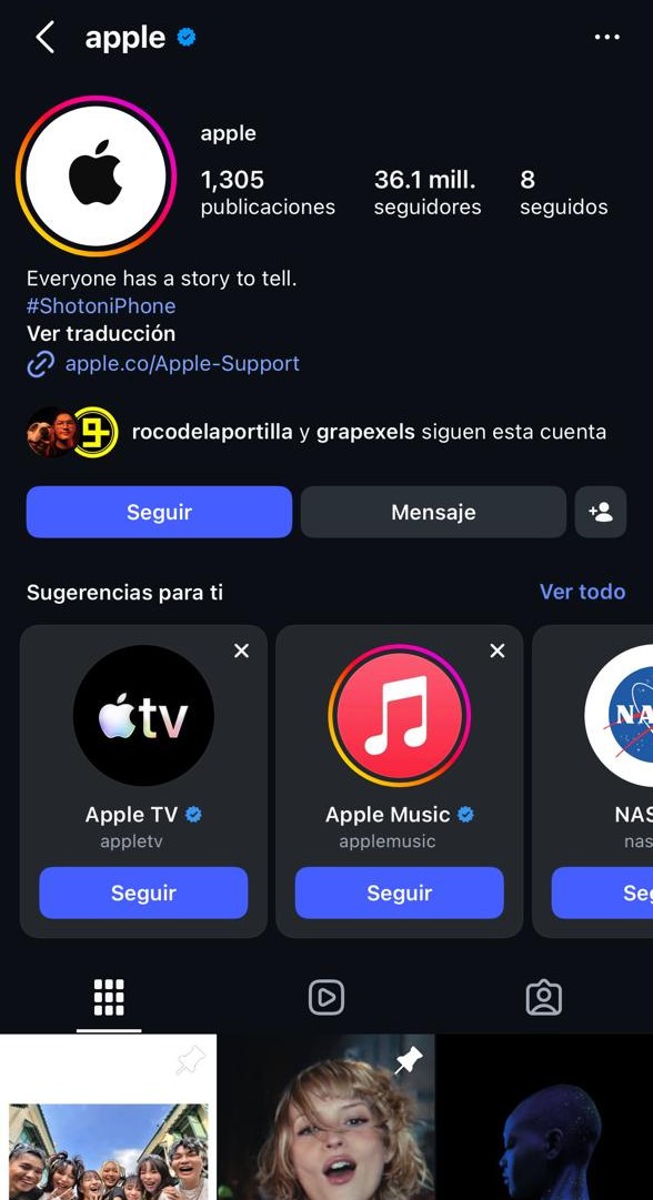 Perfil oficial en Instagram de Apple