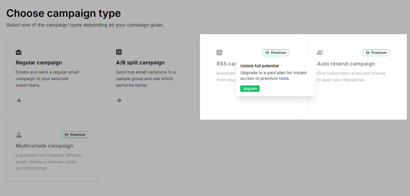 campaign type at MailerLite requires a premium plan