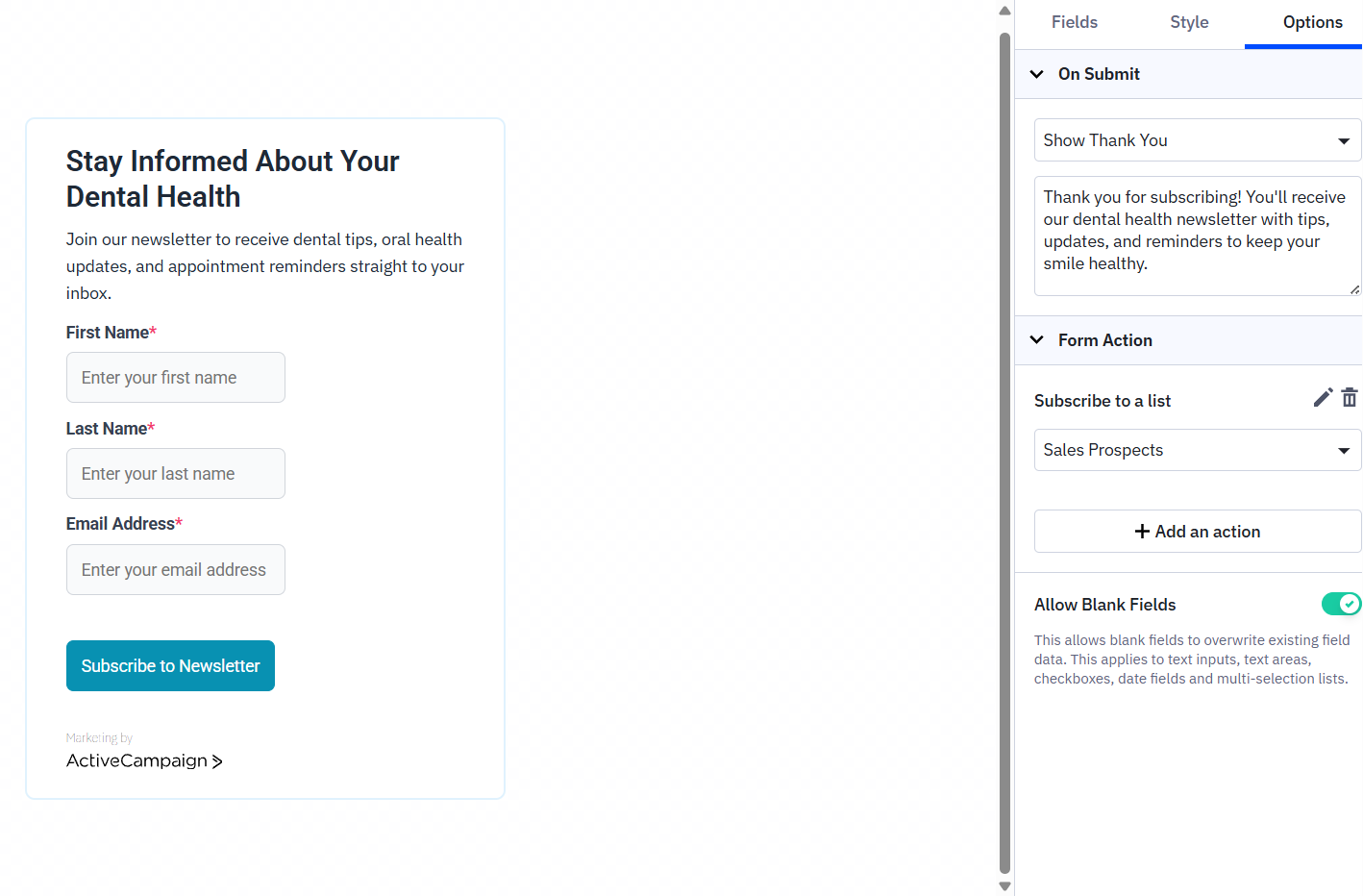 signup form in ActiveCampaign
