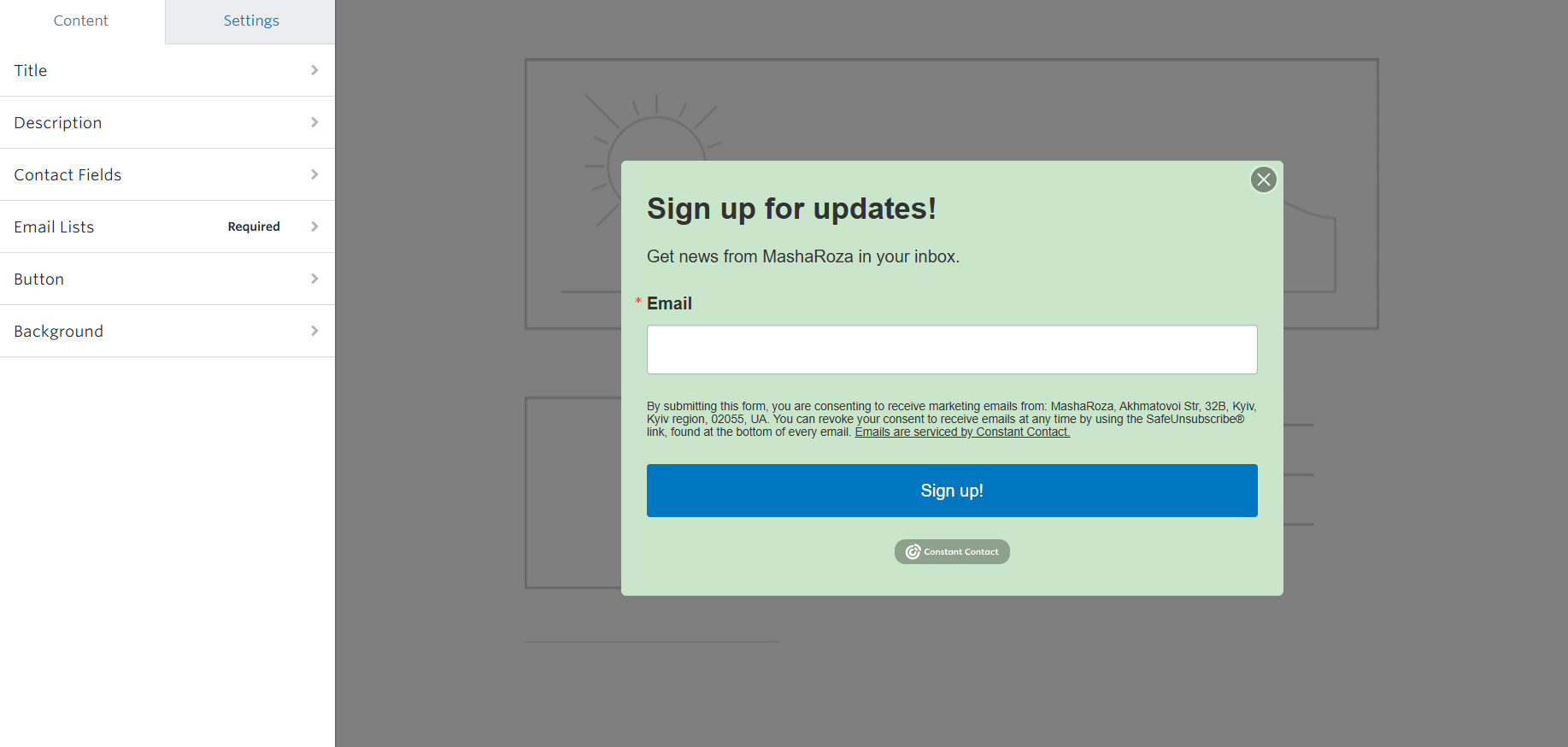 preset signup form in Constant Contact