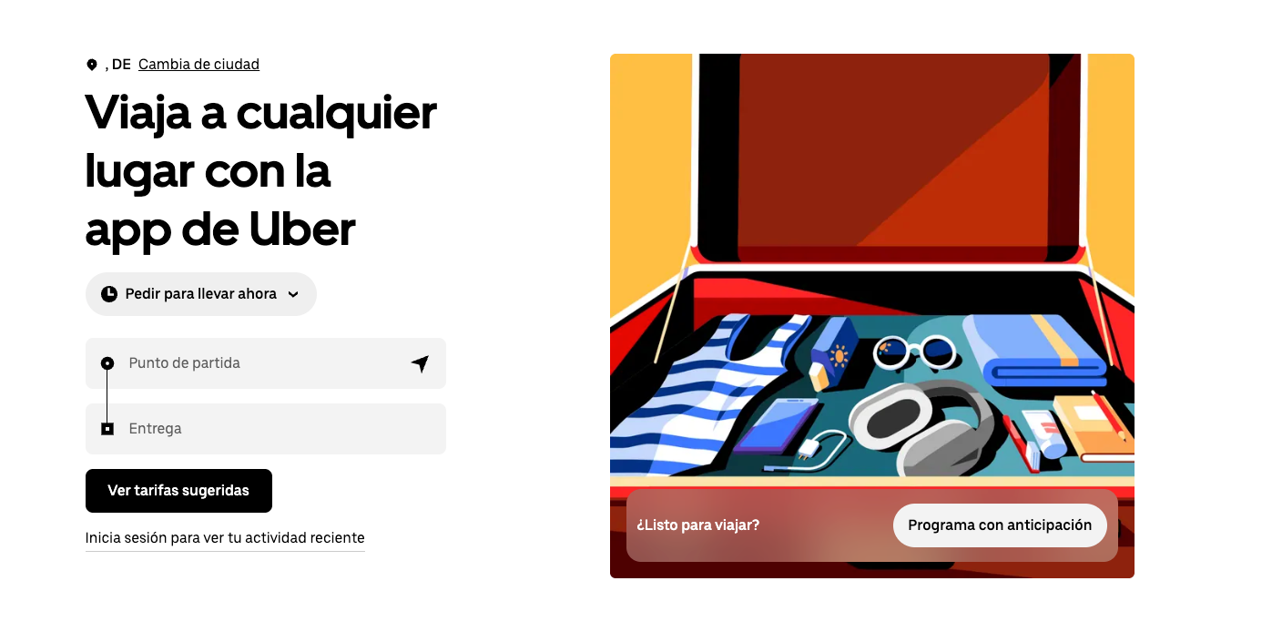 Captura de pantalla de la página de Uber mostrando el lema de la empresa