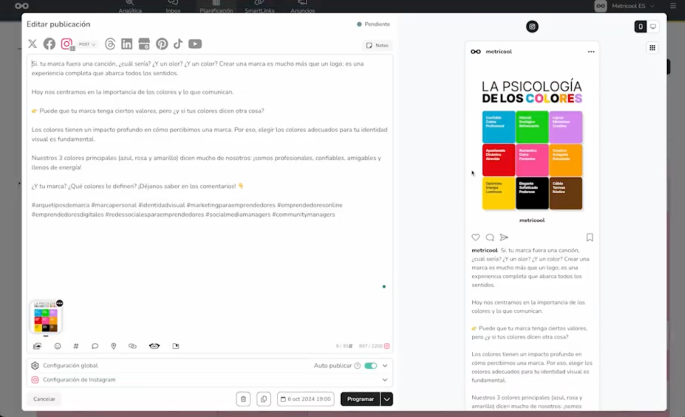 Captura de pantalla de Metricool, una herramienta de Instagram para la publicación de posts