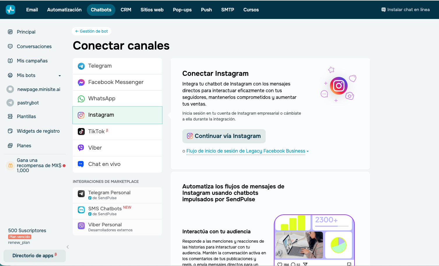 Conexión del chatbot para Instagram en SendPulse