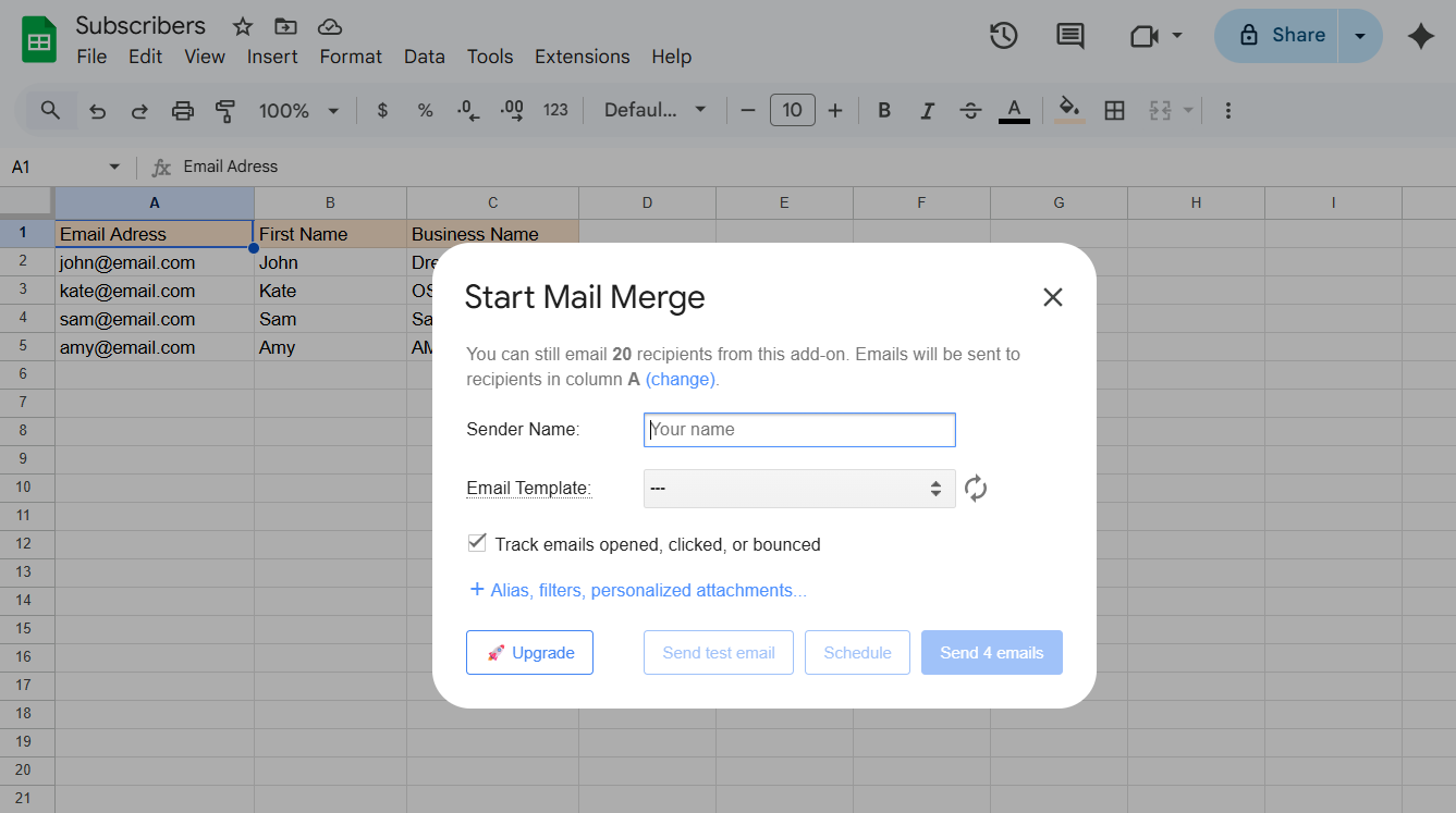 mail merge in Google Sheets