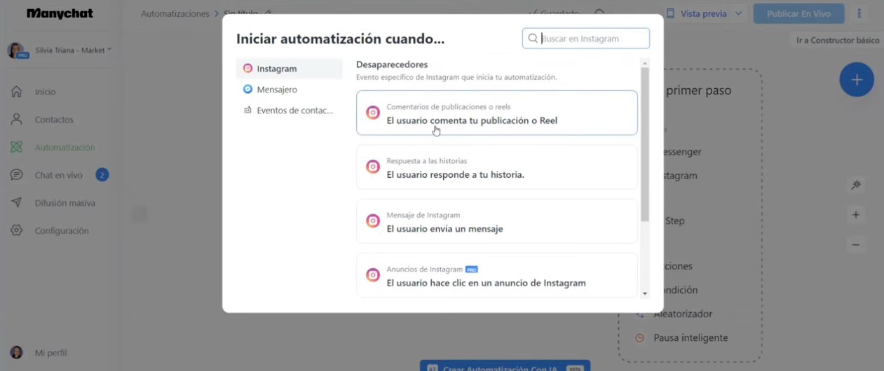 Ventana emergente en Manychat para configurar una automatización en Instagram