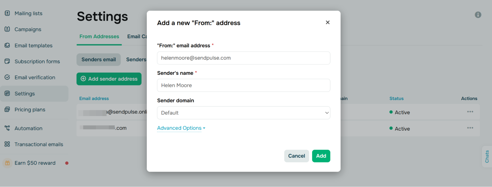 sender email address in SendPulse