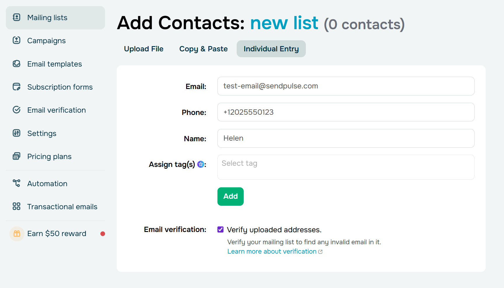 new mailing list in SendPulse