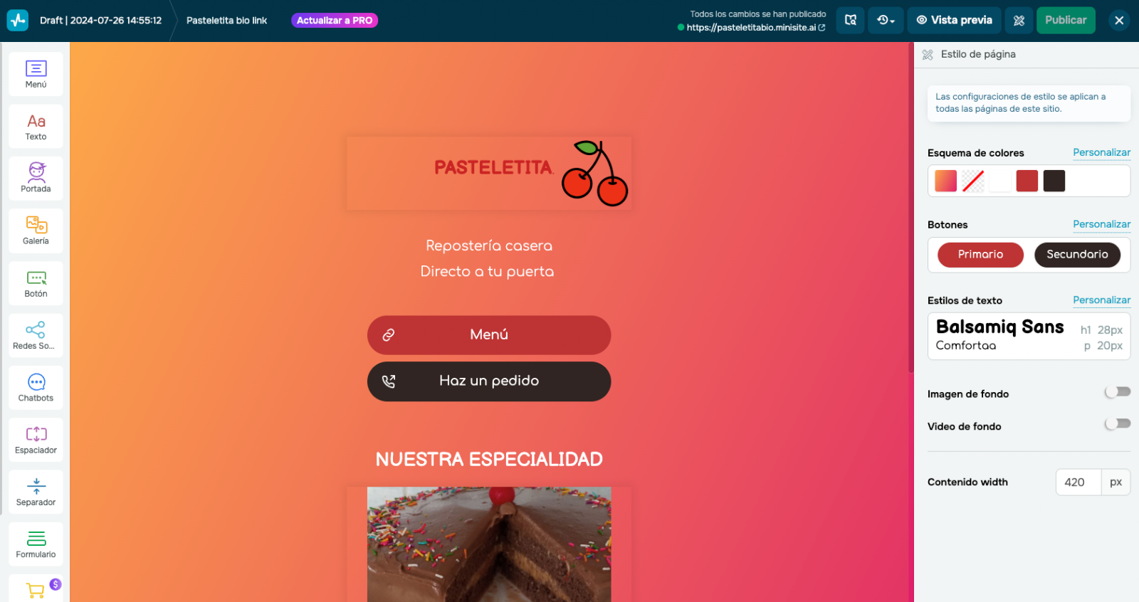 Edición de una página de link en bio en el creador de landing pages de SendPulse