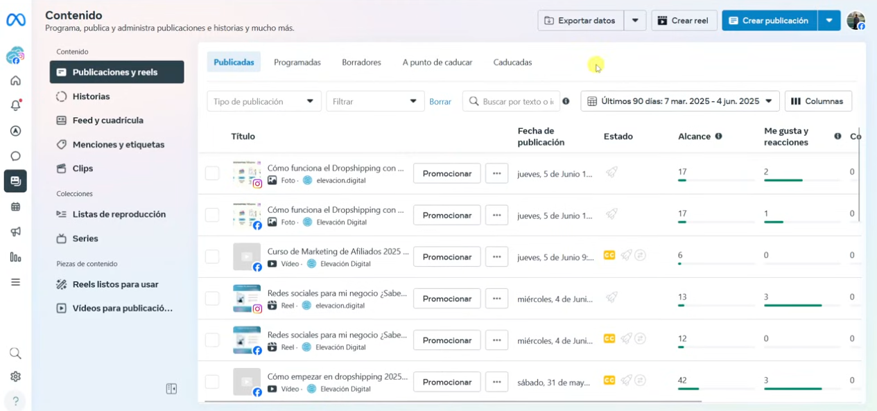Interfaz de Meta Business Suite con una lista de publicaciones de Instagram y Facebook