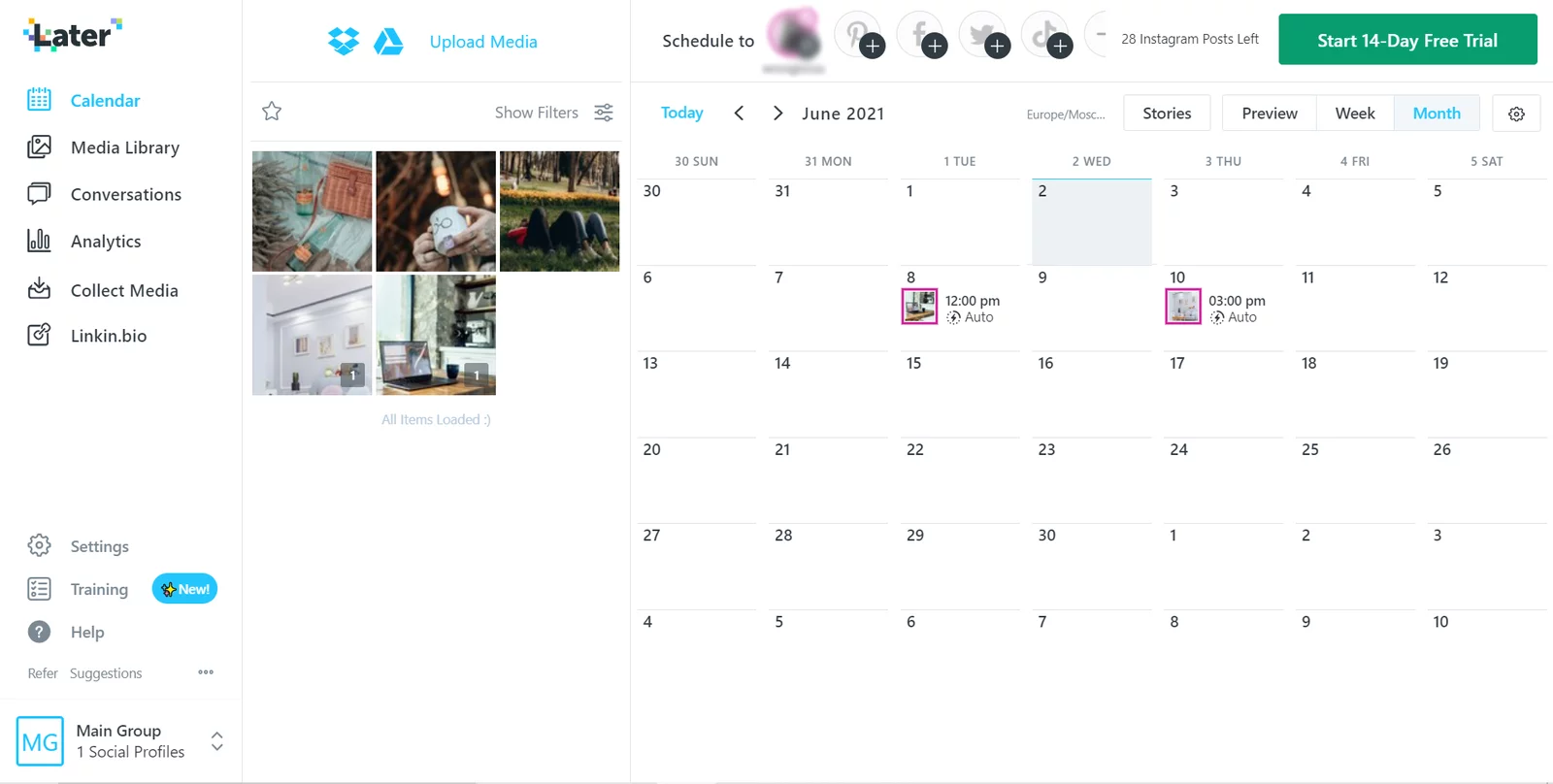 Interfaz de Later, una herramienta de Instagram mostrando el calendario de publicaciones del mes de junio