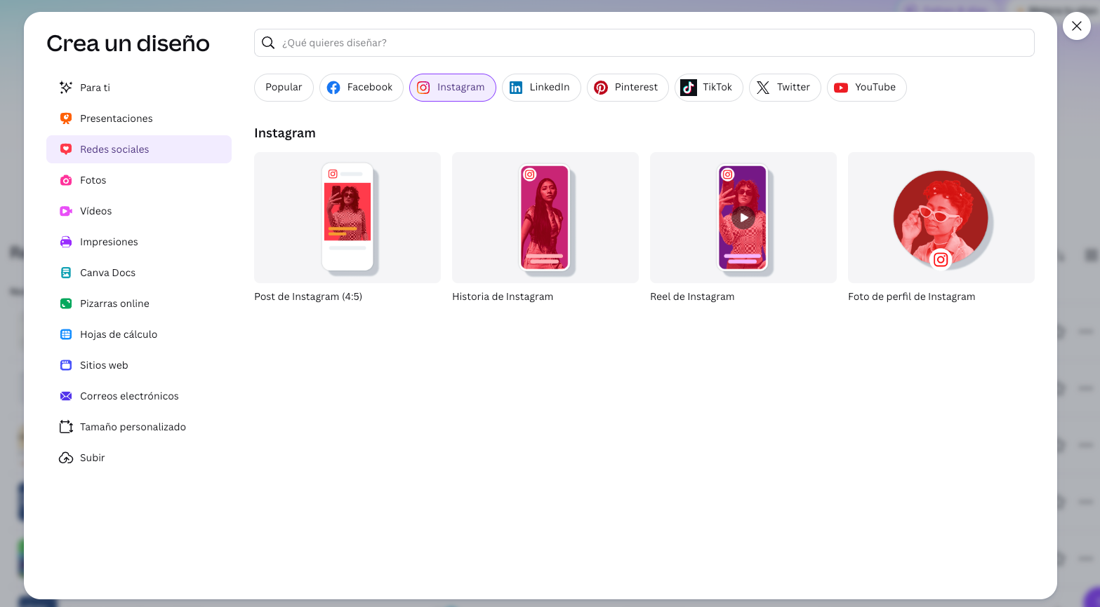 Ventana emergente de Canva para elegir el tipo de publicación de Instagram 