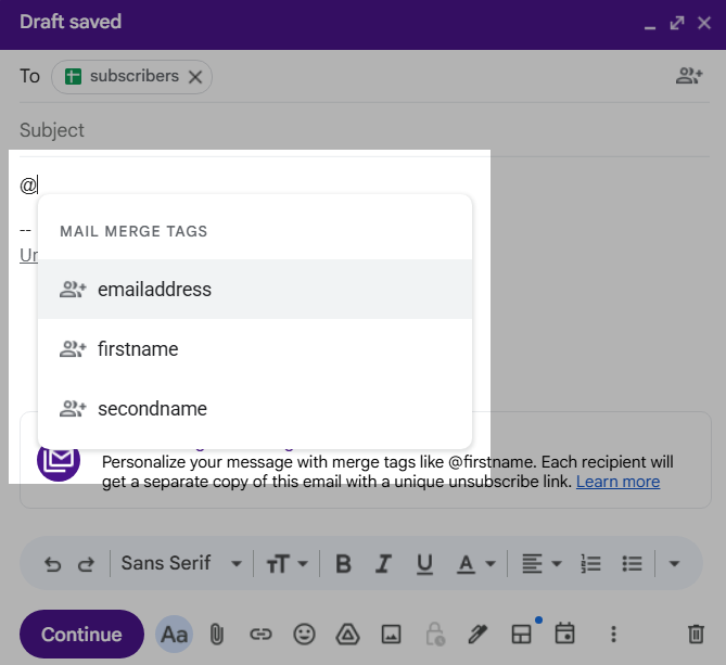 Gmail Mail Merge personalization fields