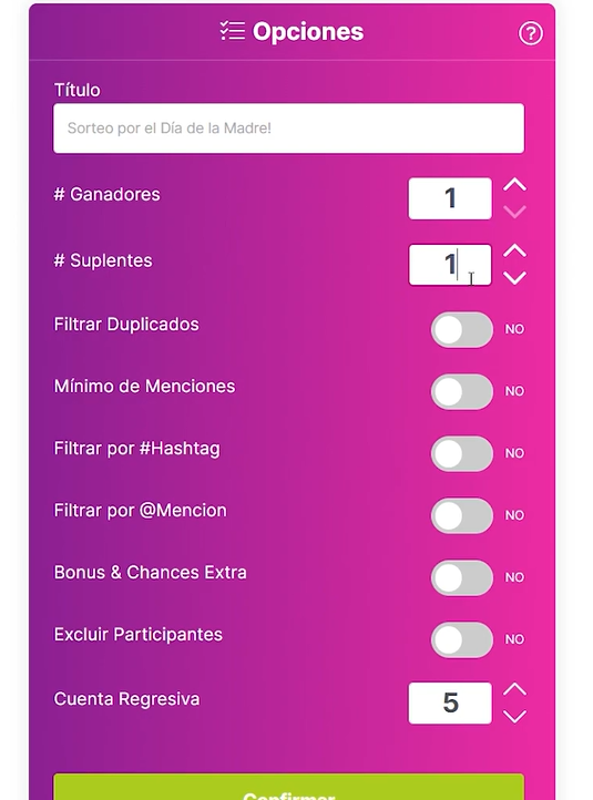 Captura de pantalla de la creación de un sorteo en el sitio App Sorteos. 