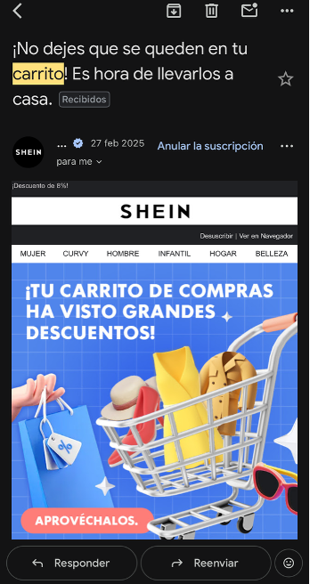 Campaña de email de carrito abandonado para Shein México