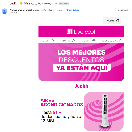Email marketing de Liverpool que ofrece productos relacionados con compras anteriores