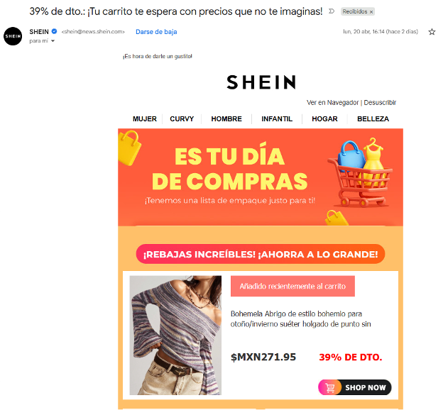 Email marketing de Shein