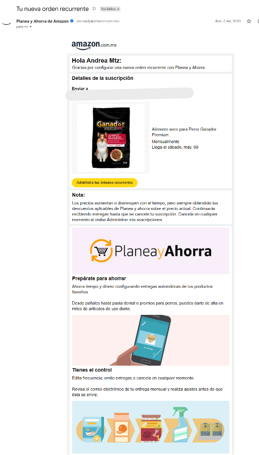 Email marketing de Amazon, Planea y ahorra