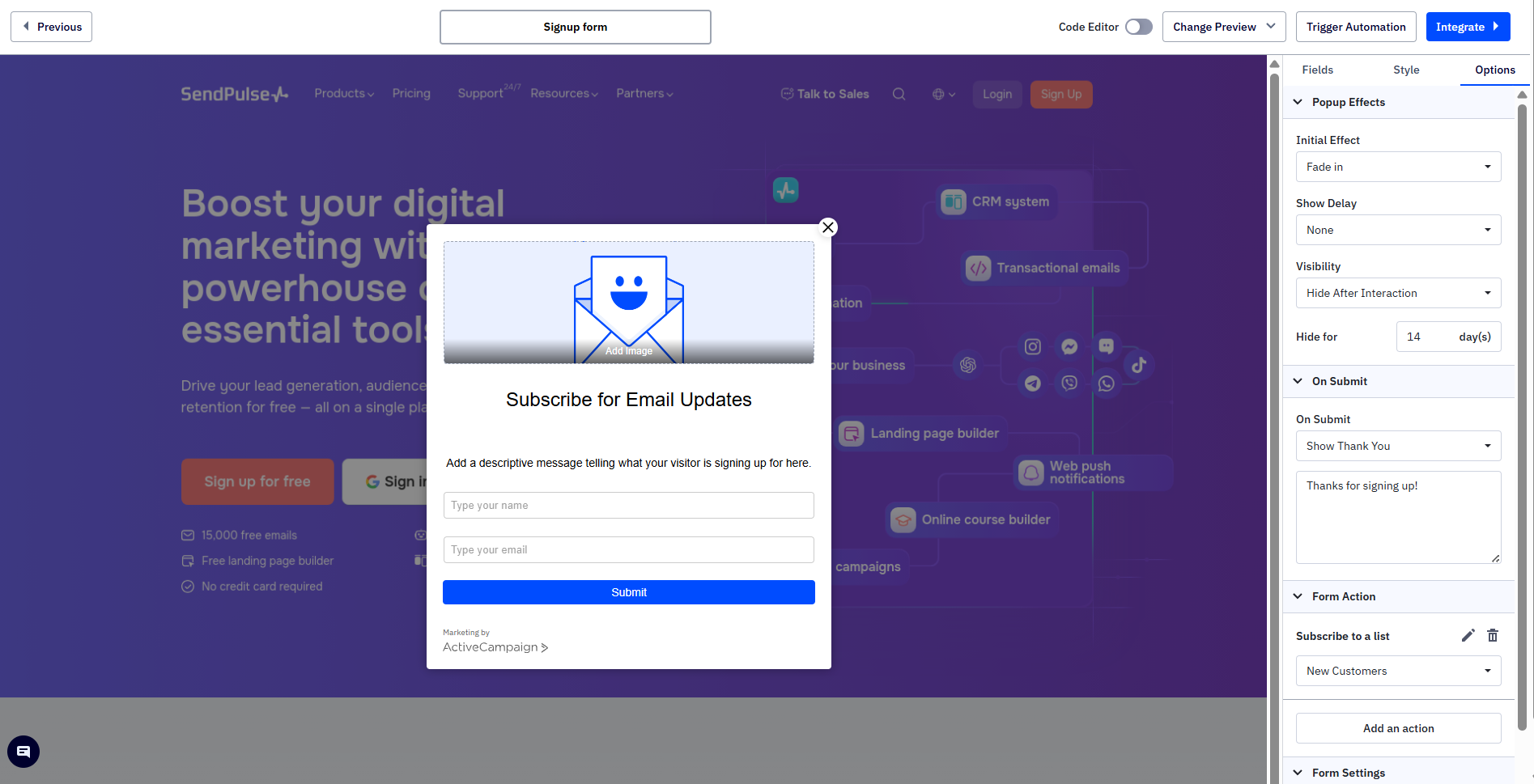 pop-up effects in ActiveCampaign