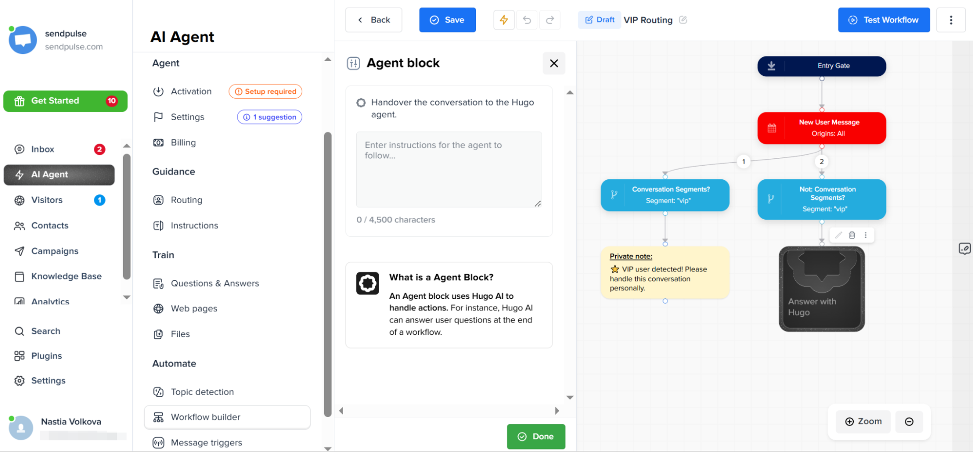 Agent block for a chatbot flow