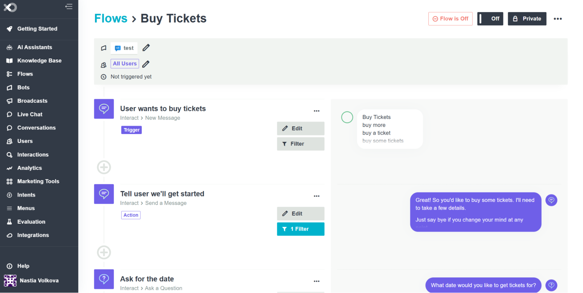  chatbot flow for users who want to buy tickets 