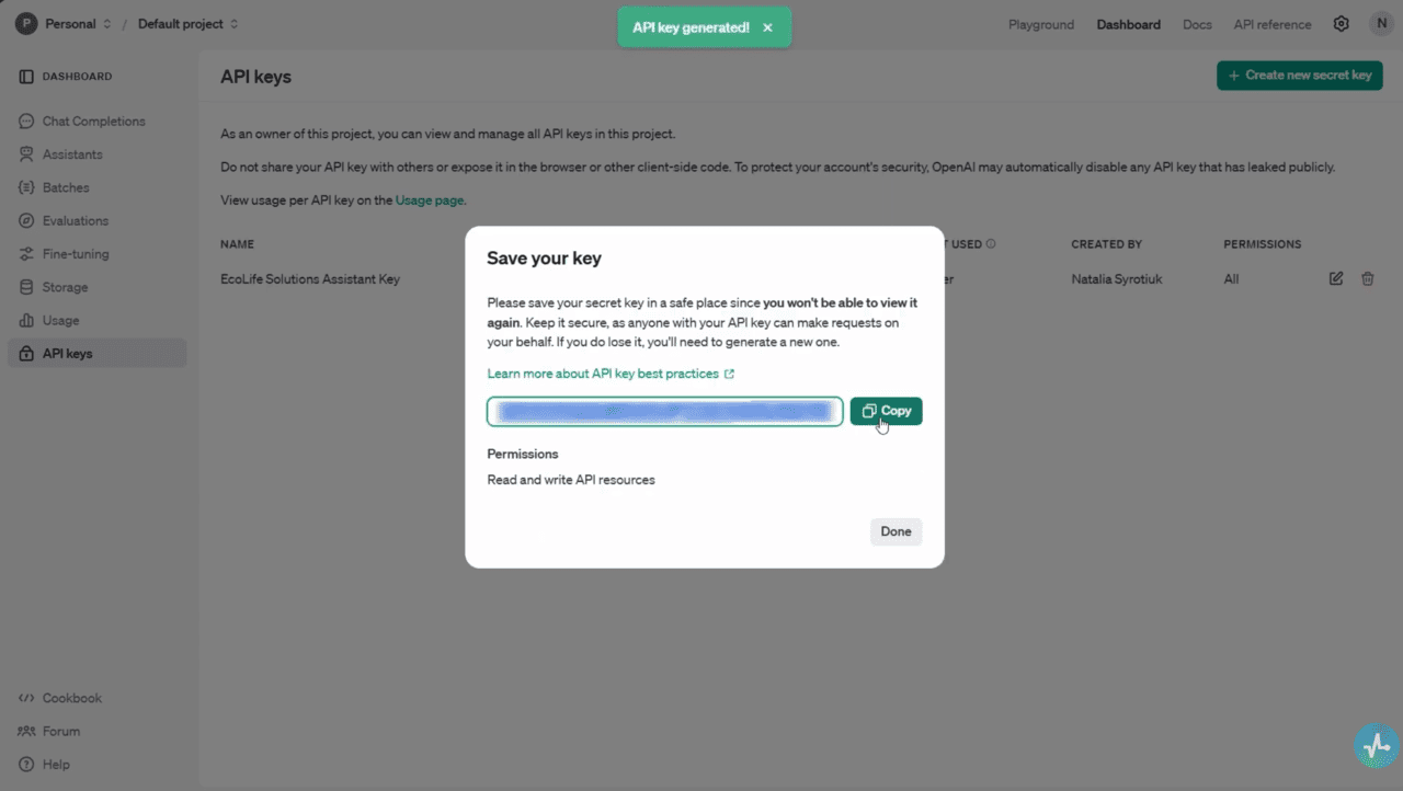 OpenAI API Keys page