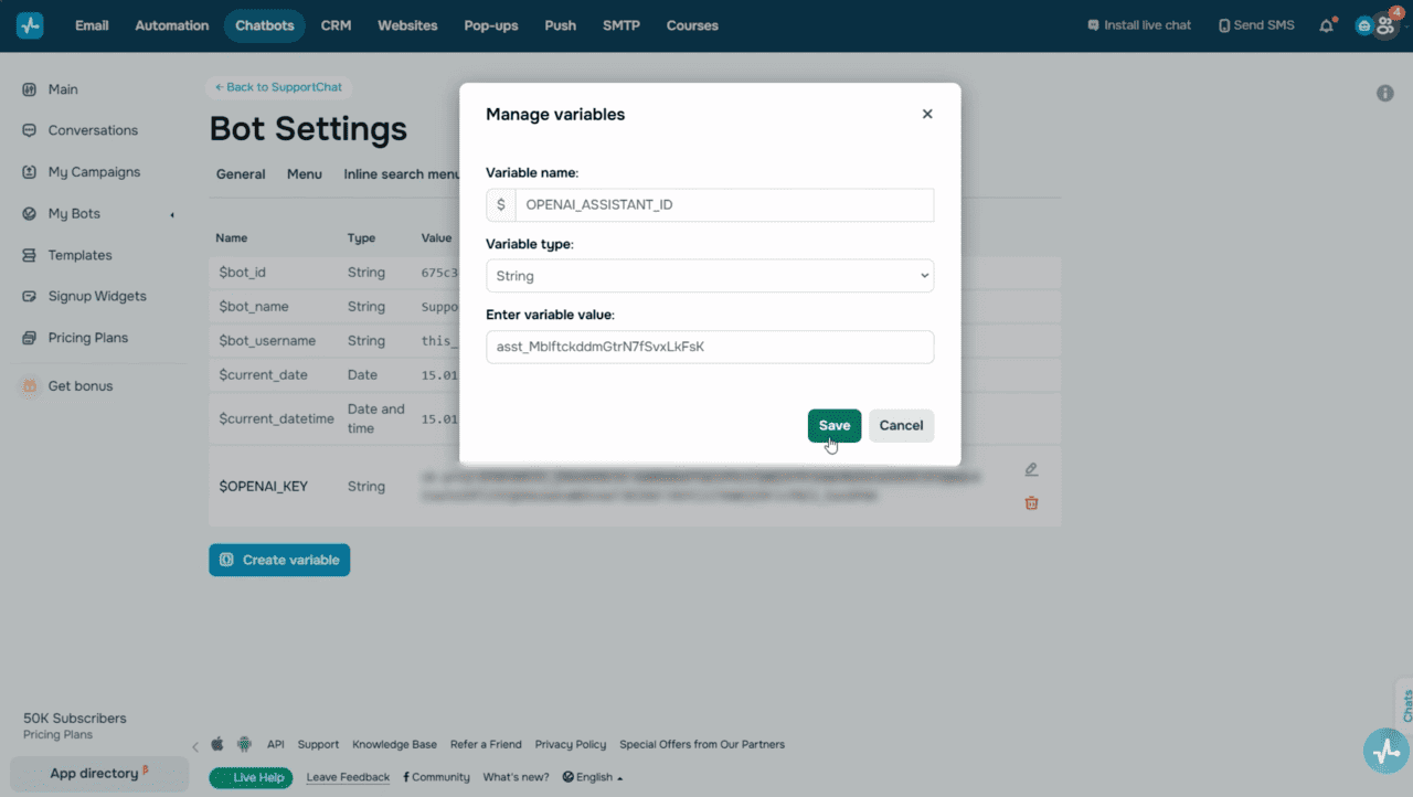 Bot Variables tab with both global variables filled in