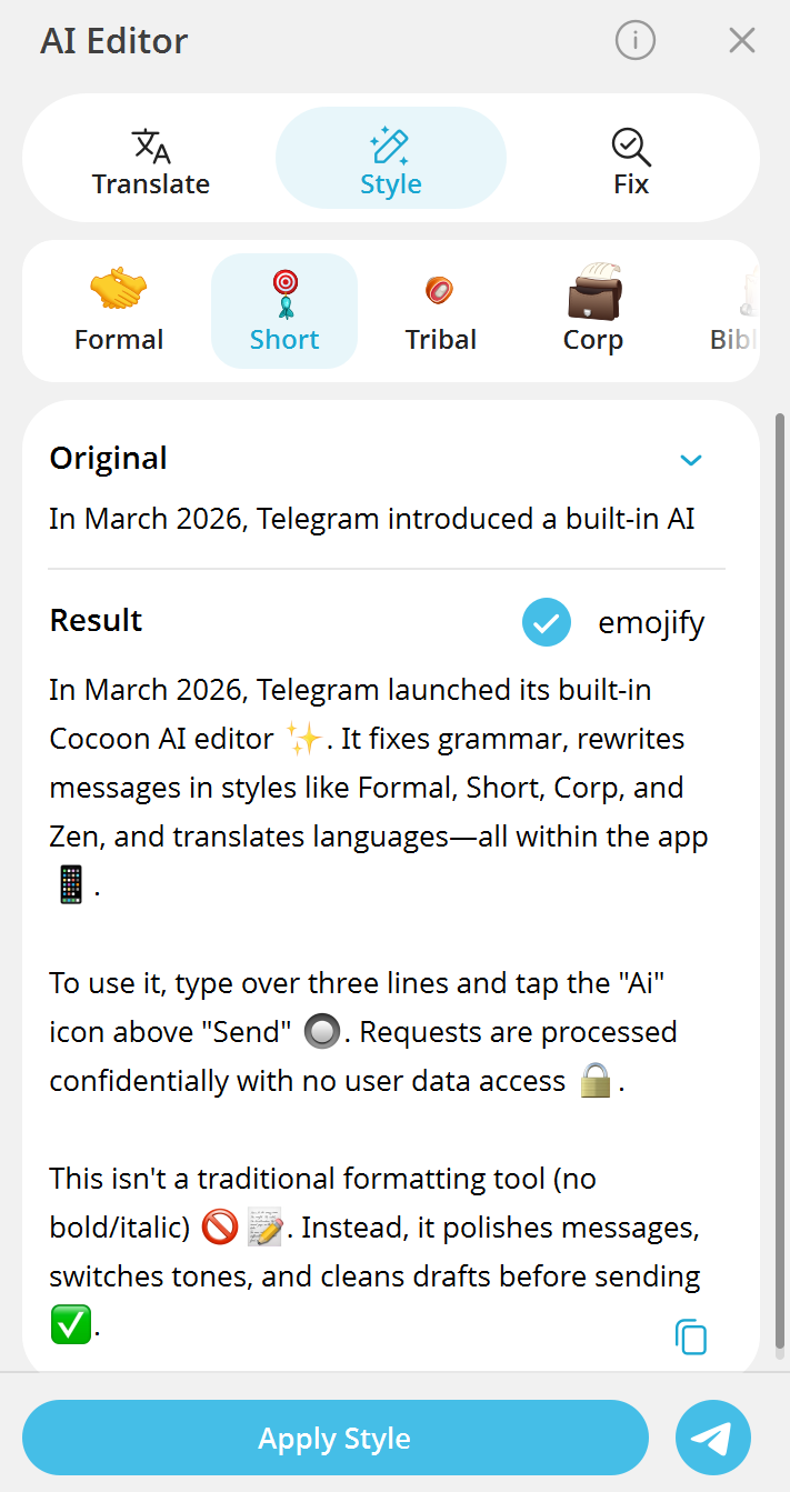 Telegram's AI editor