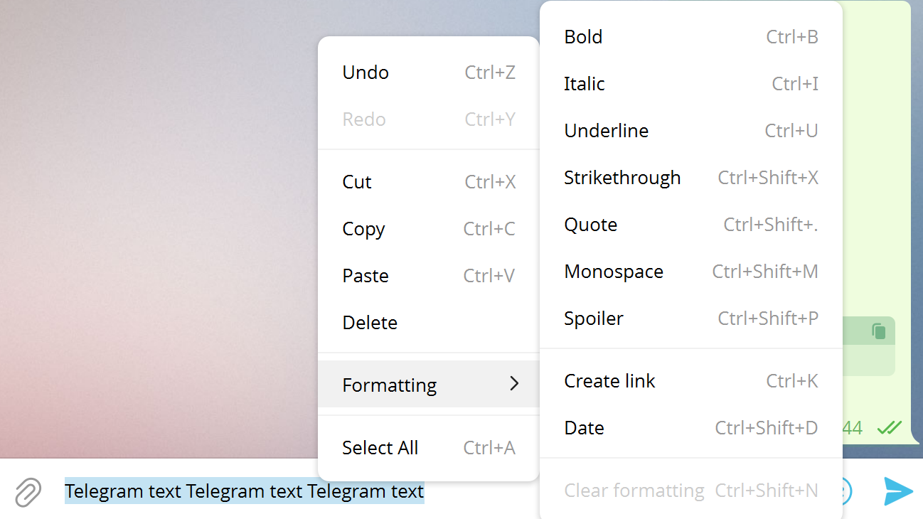 Telegram text formatting panel 
