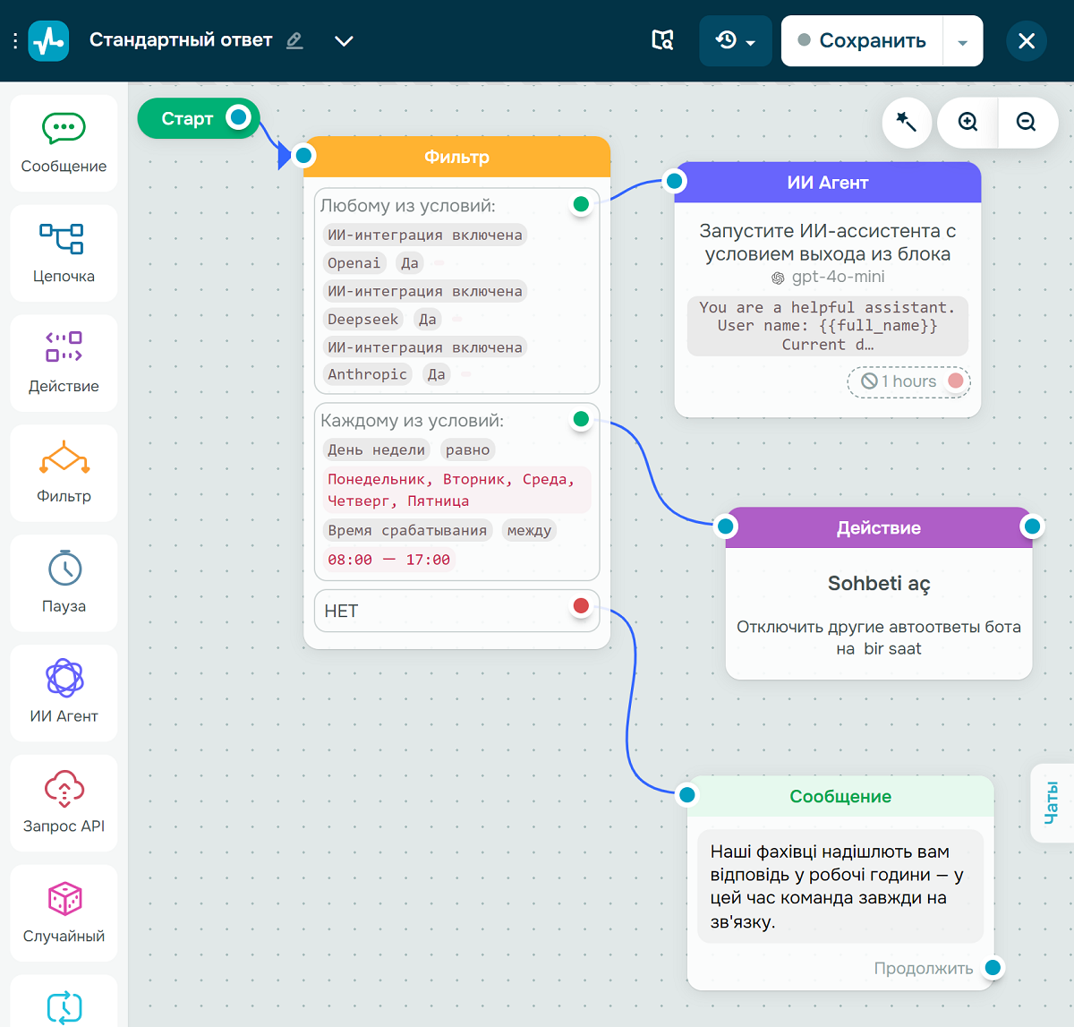 Редактирование цепочки чат-бота в SendPulse