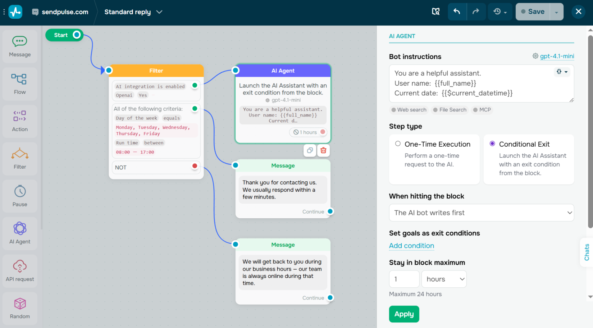 live chat flow we built in SendPulse
