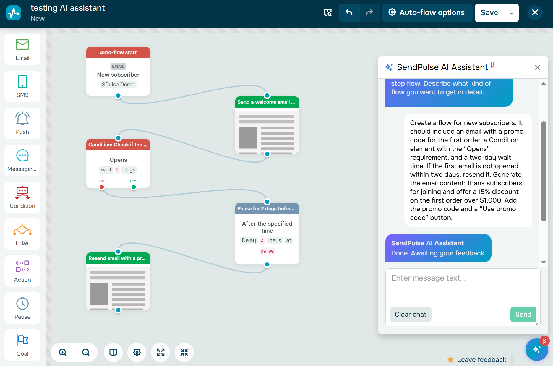 AI assistant building a multi-step welcome flow from a text prompt