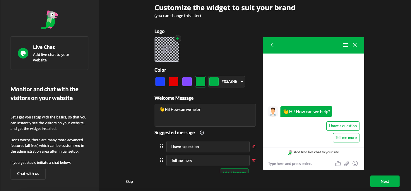tawk.to's chat widget — logo, colors, welcome message, and suggested replies all configured in one screen 