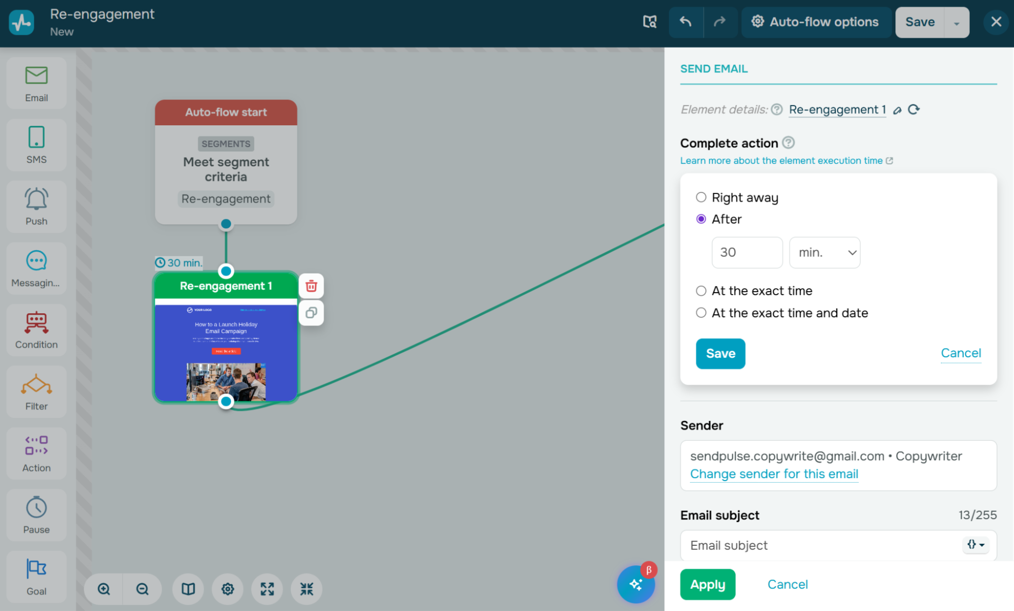 execution time for the re-engagement email in a flow 
