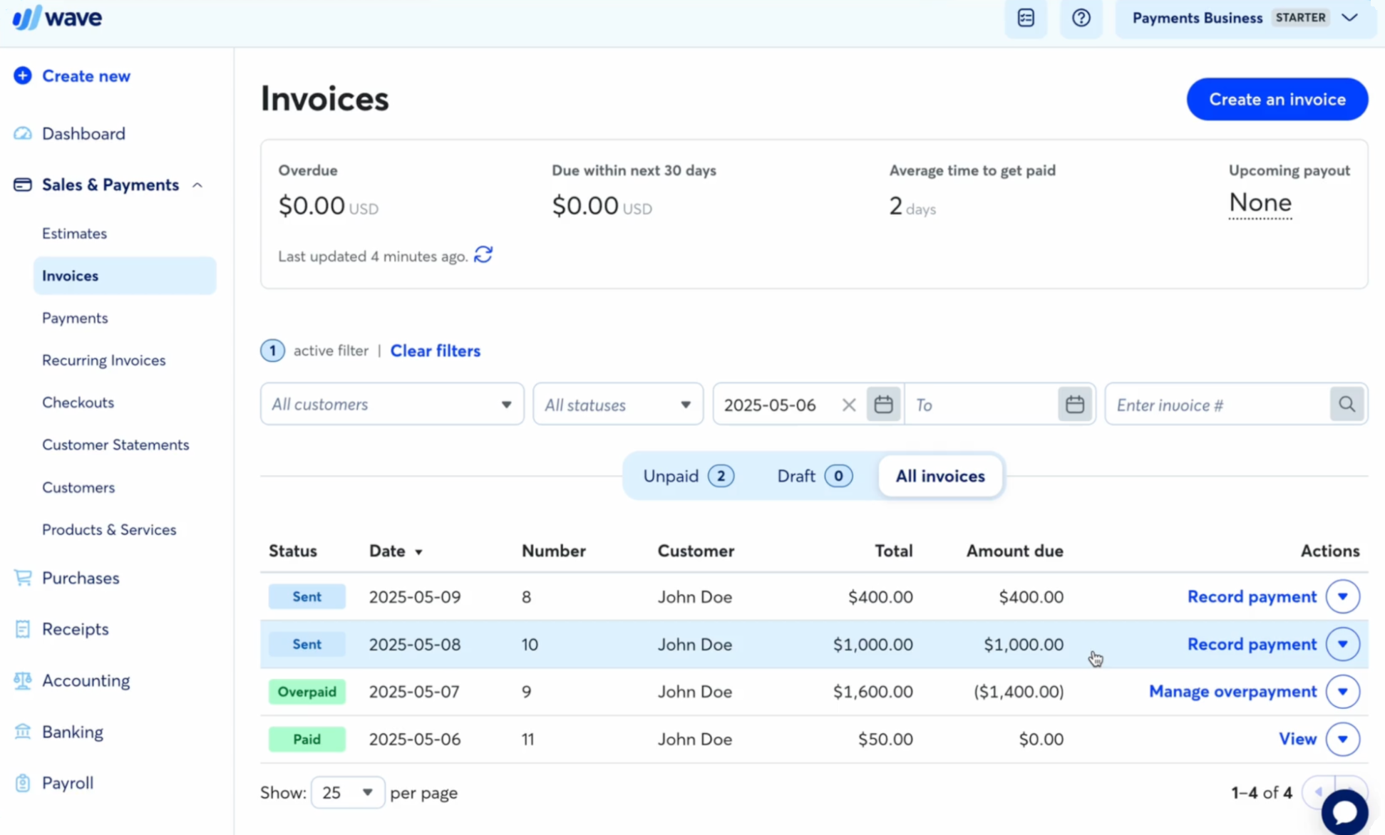 invoice dashboard with payment statuses, overdue tracking, and average time-to-payment