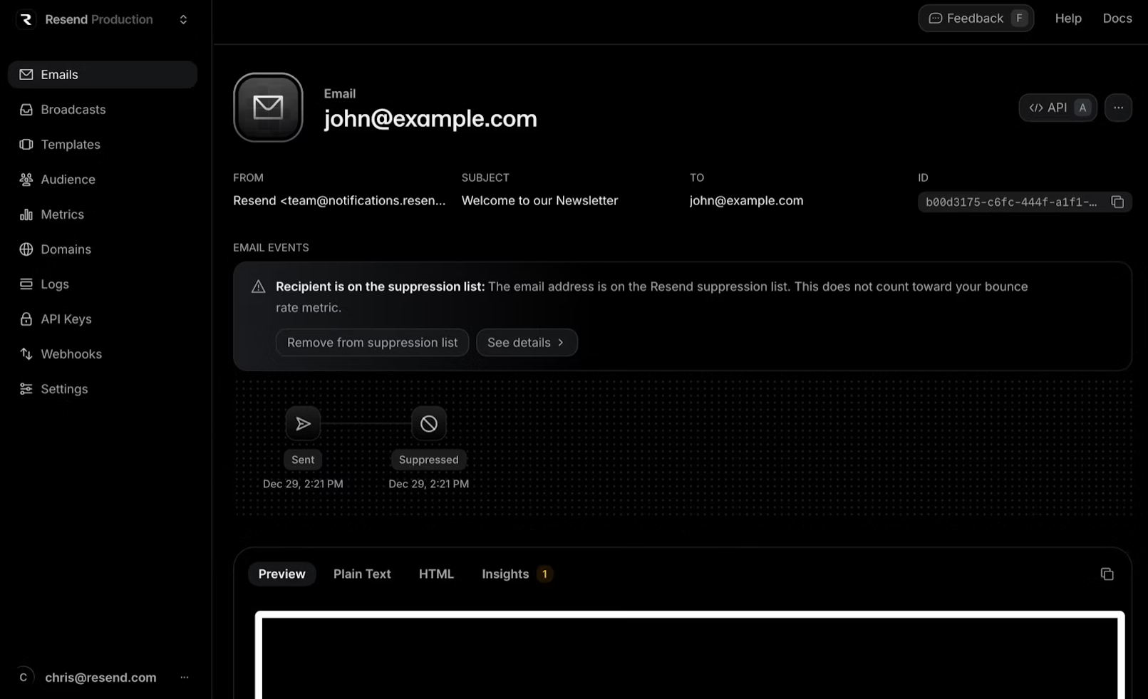 delivery status, suppression list alerts, and content preview